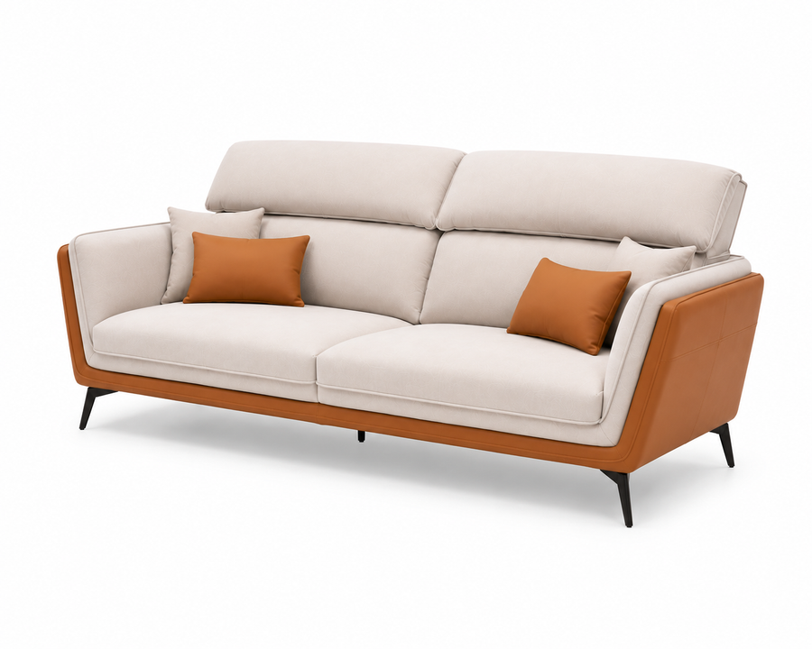 Veylora 3 Seater Leatherette Sofa - Cream & Cognac - Side View by Febonic Living