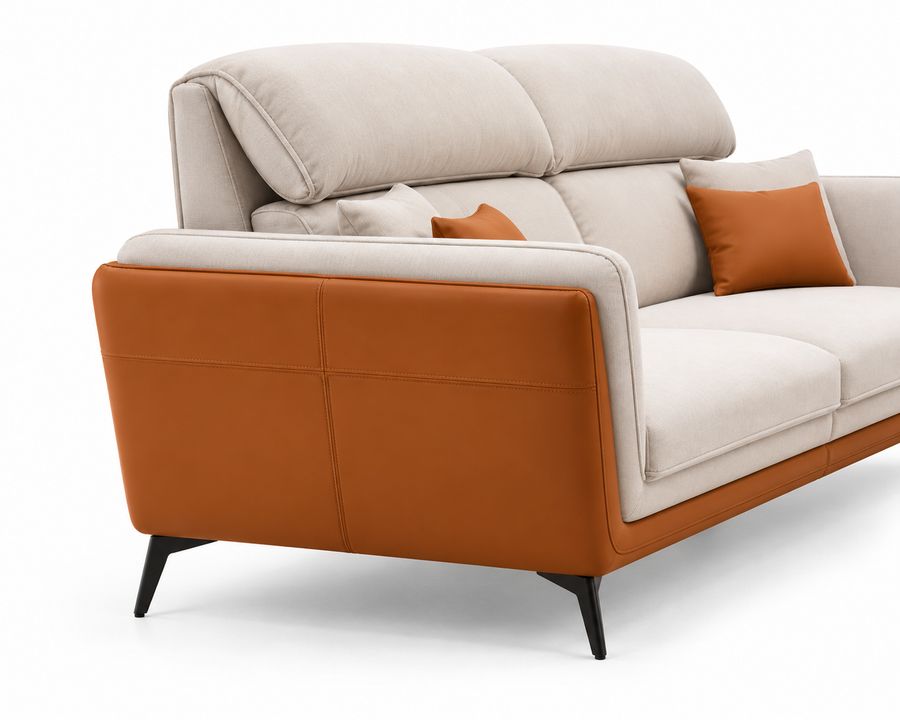Veylora 3 Seater Leatherette Sofa - Cream & Cognac - Side View by Febonic Living