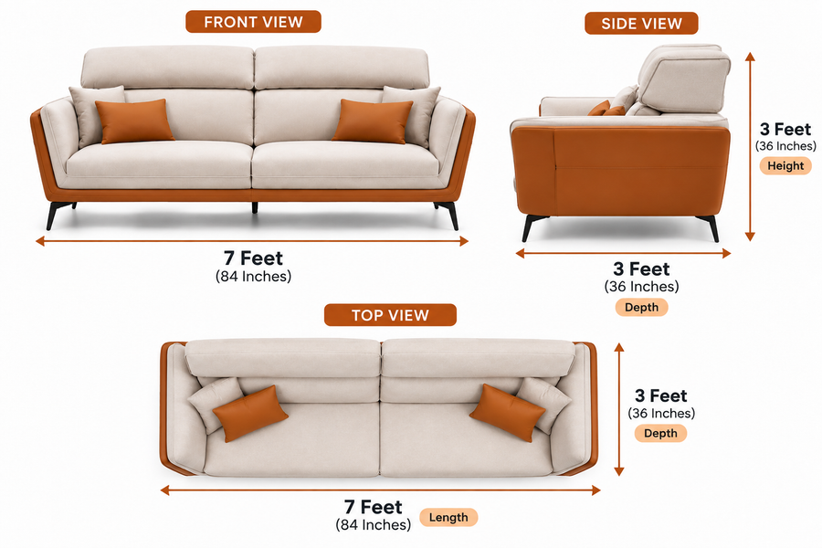 Veylora 3 Seater Leatherette Sofa - Cream & Cognac - Dimension View by Febonic Living