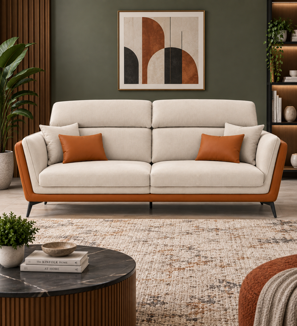 Veylora 3 Seater Leatherette Sofa - Cream & Cognac