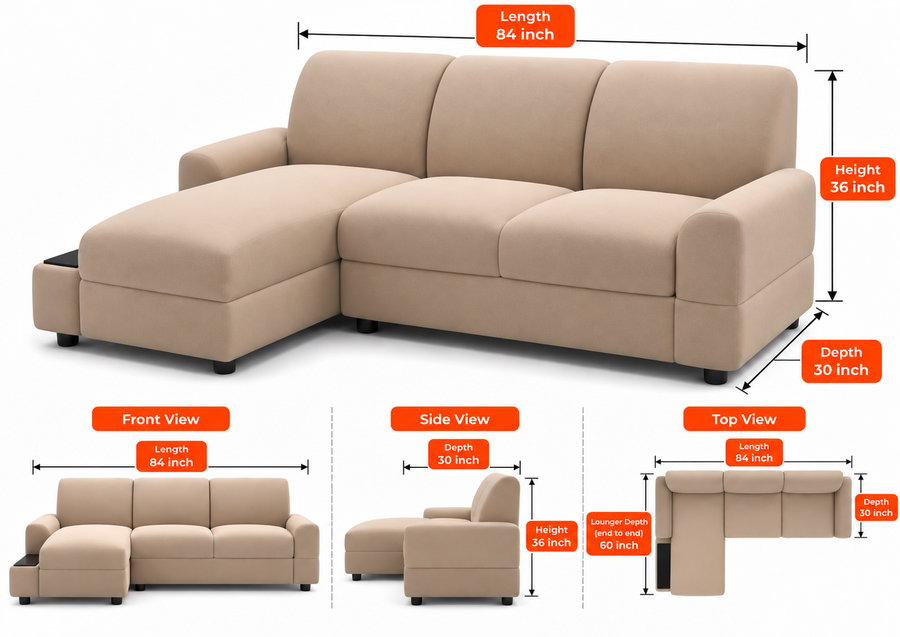 Vintra RHS (2+Lounger) Fabric Sectional Sofa  - Cream Beige