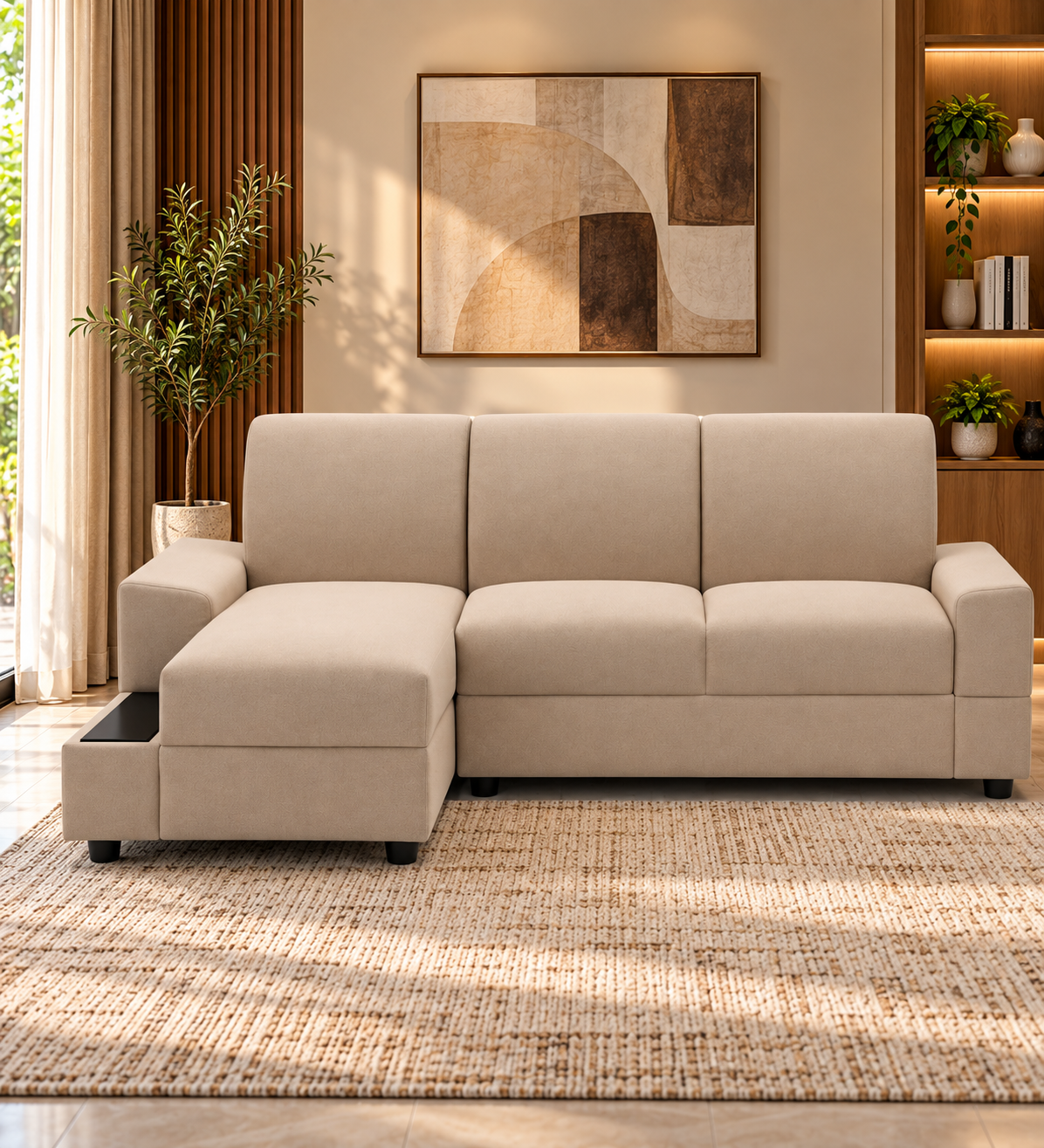Vintra RHS (2+Lounger) Fabric Sectional Sofa  - Cream Beige