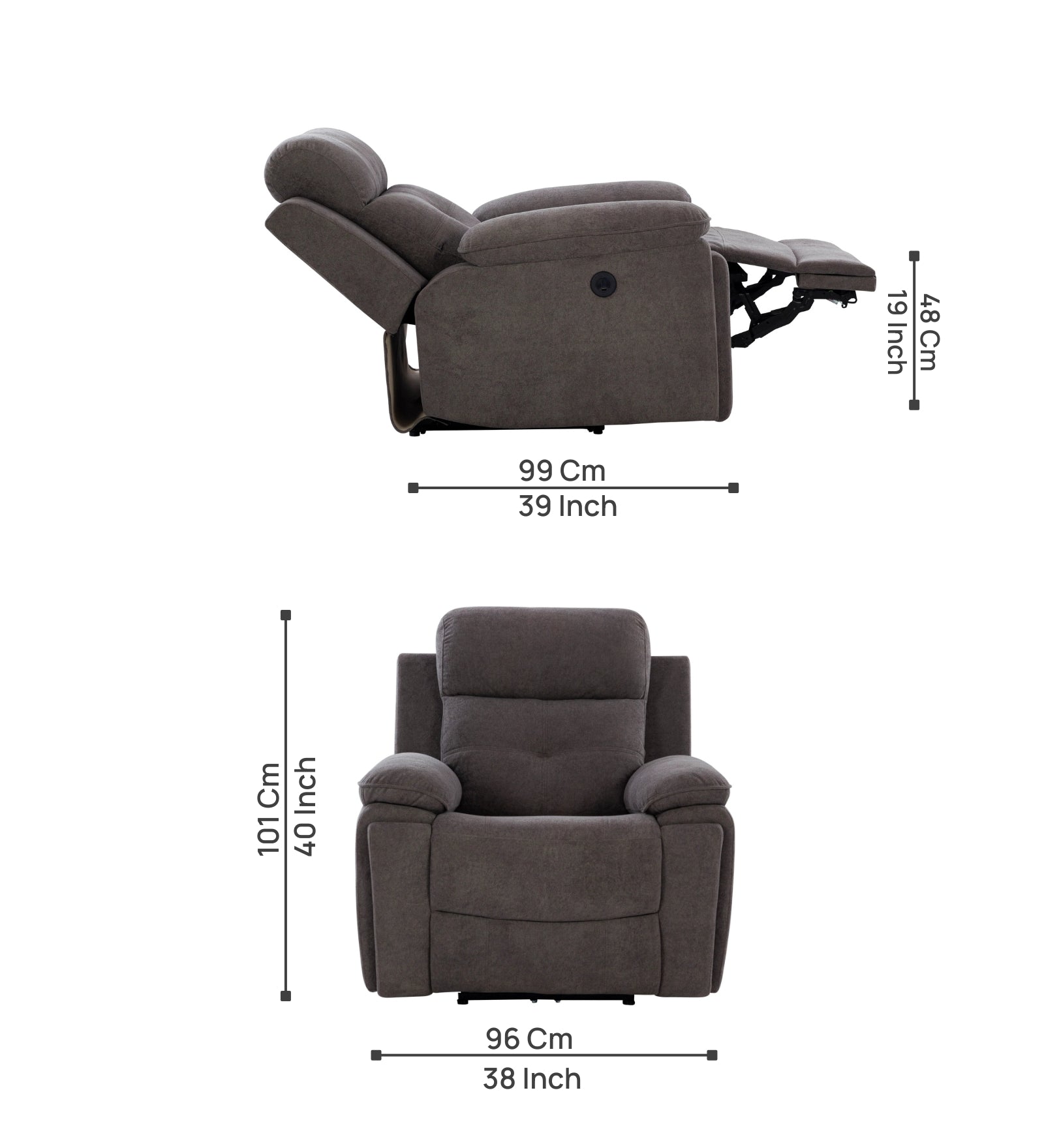 Waki Boucle 1 Seater Motorized Recliner In Concrete Grey Colour - Dimensions by Febonic Living