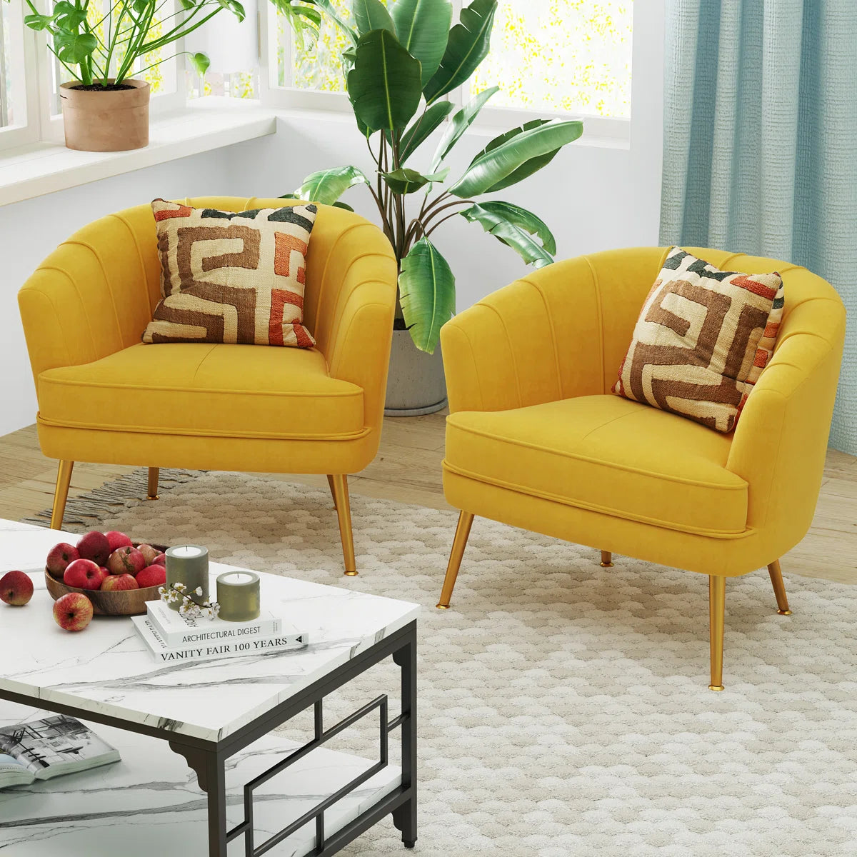 Mellow Velvet Arm Chair In Turmeric Yellow Colour