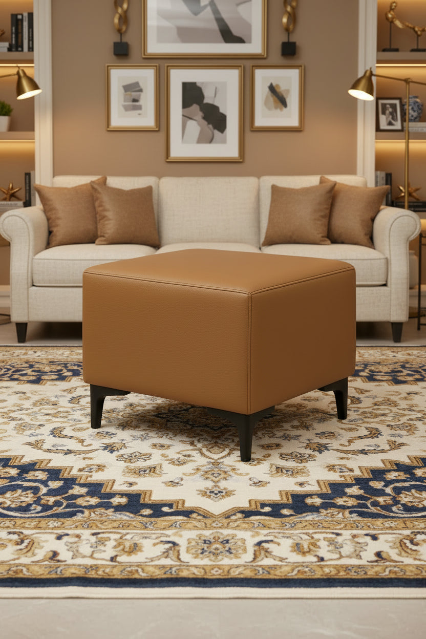 Wane Leatherette Pouffe In Cinnamon Brown Colour