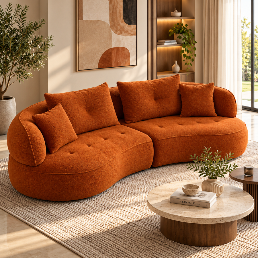 Navel  3 Seater Curved Velvet Sofa - Turmeric Orange