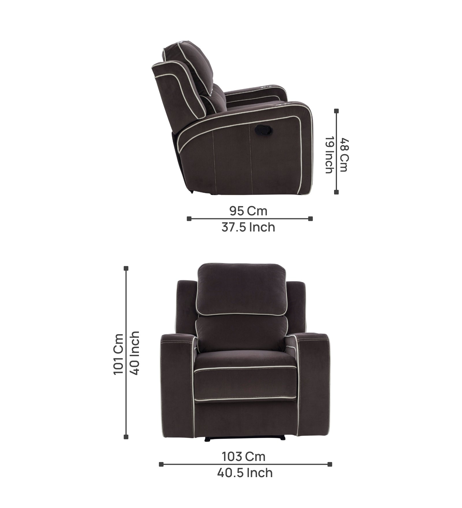 Wave 1 Seater Motorized Velvet Recliner - Mocha Brown - Dimensions by Febonic Living