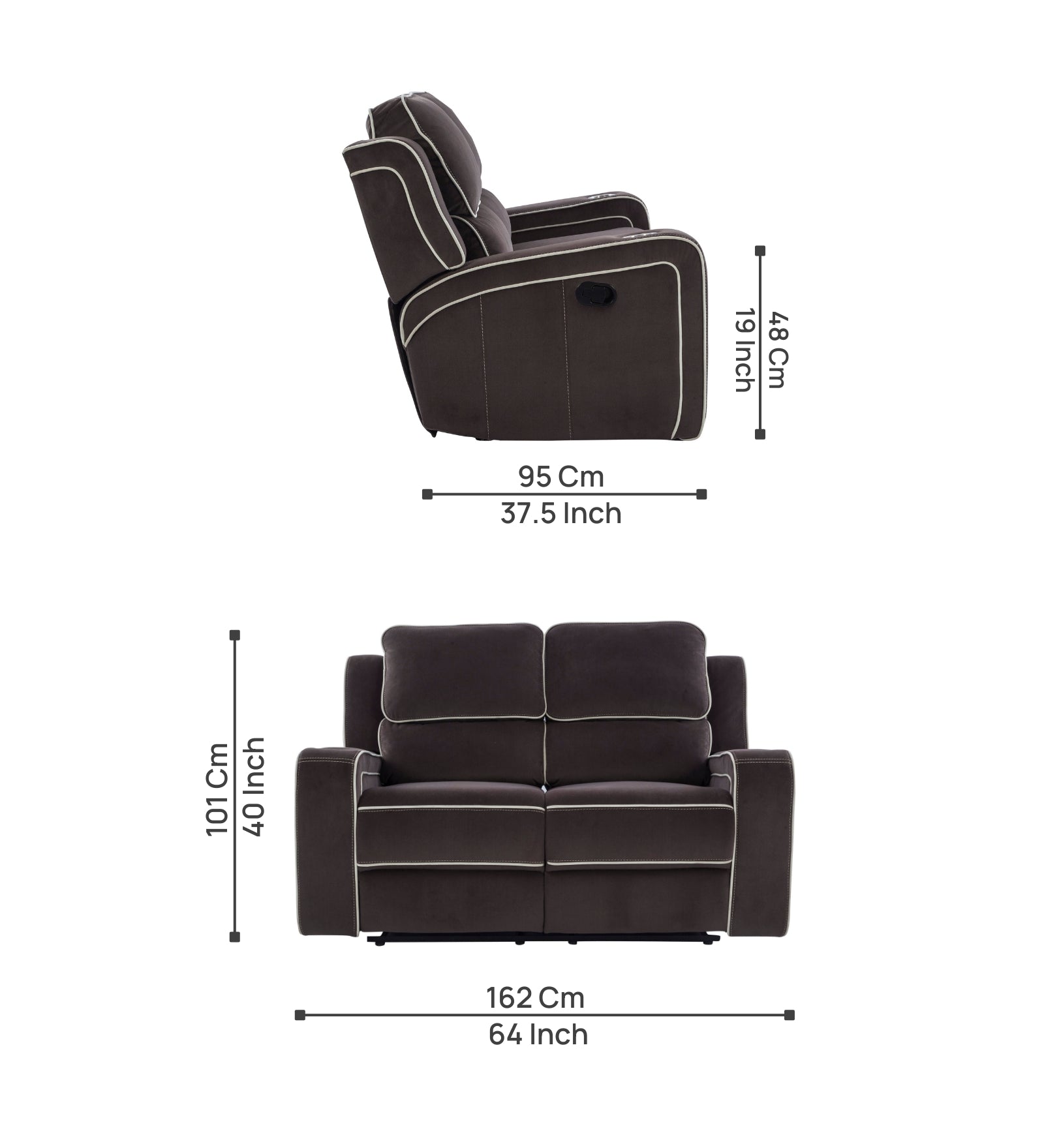 Wave 2 Seater Motorized Velvet Recliner - Mocha Brown - Dimensions by Febonic Living