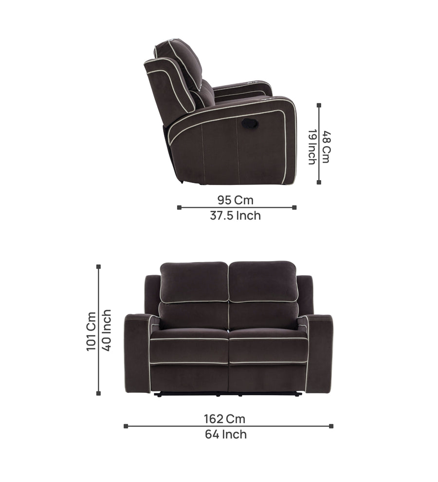 Wave 2 Seater Motorized Velvet Recliner - Mocha Brown - Dimensions by Febonic Living