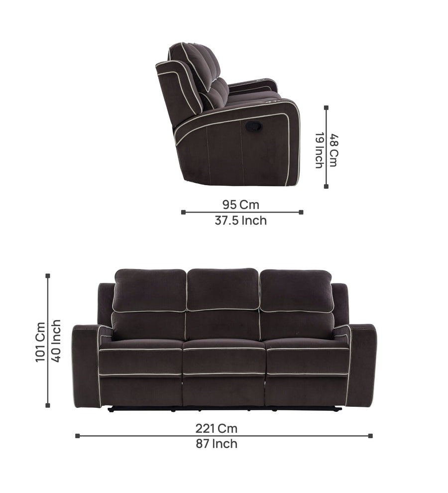 Wave 3 Seater Motorized Velvet Recliner - Mocha Brown - Dimensions by Febonic Living