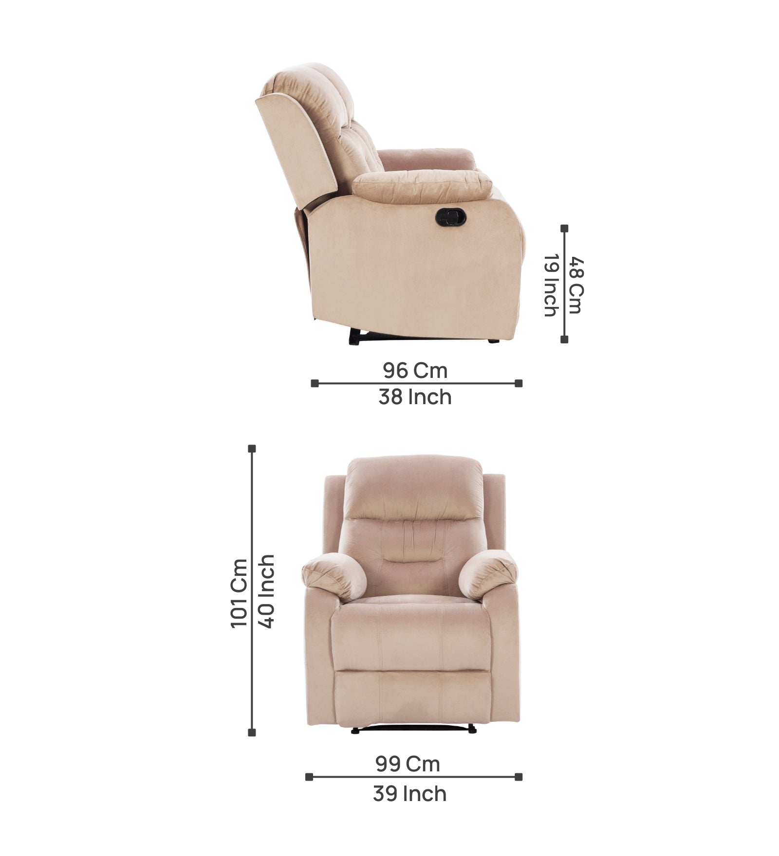 Yama 1 Seater Motorized Velvet Recliner - Camel Beige - Dimensions by Febonic Living