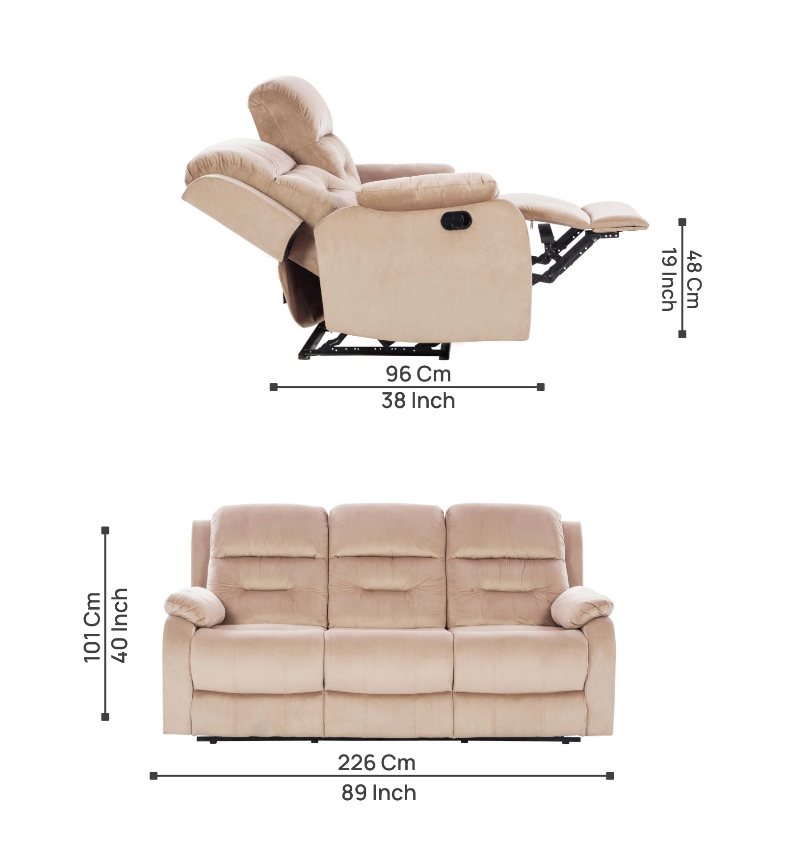 Yama 3 Seater Motorized Velvet Recliner - Camel Beige - Dimensions by Febonic Living