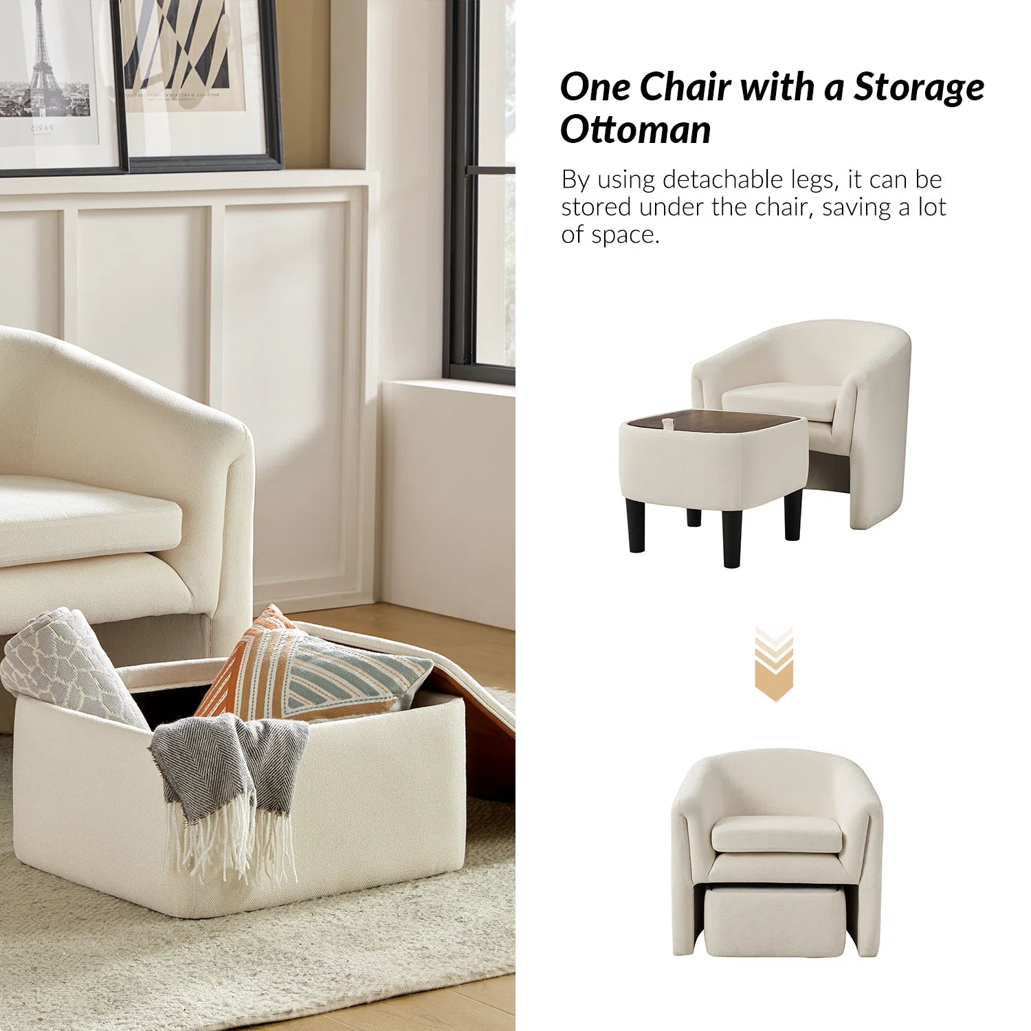 Alvaro Fabric Barrel Chair + Storage Ottoman in Ivory Cream Colour
