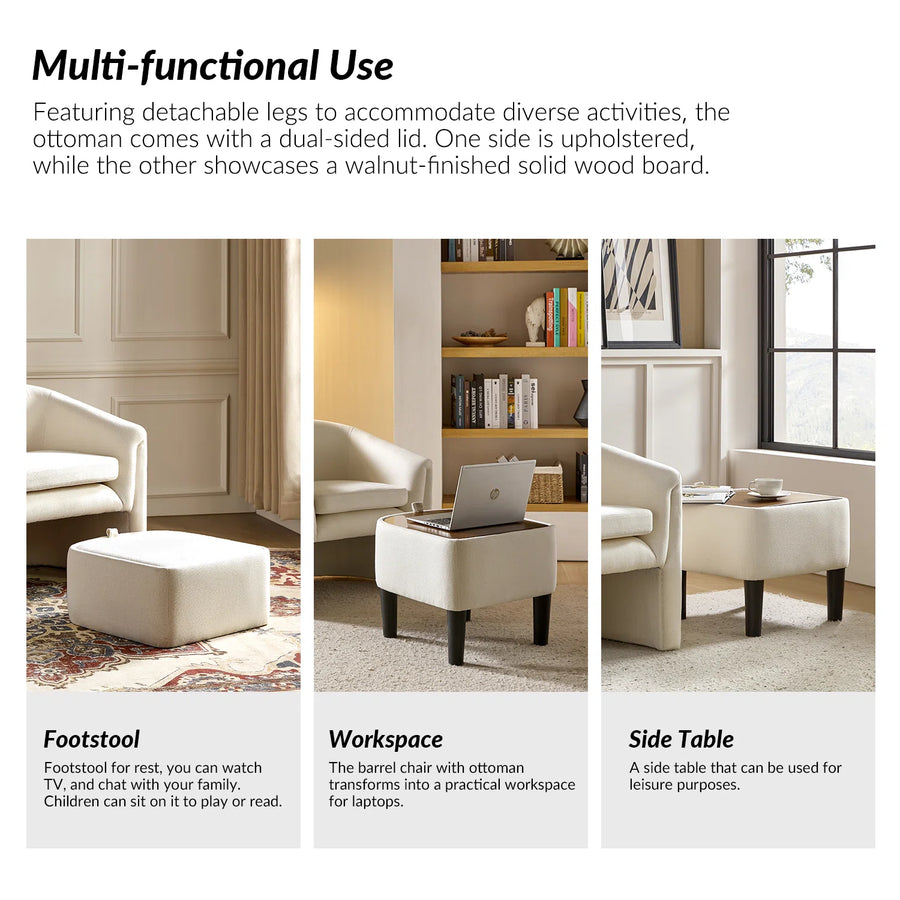 Alvaro Fabric Barrel Chair With Storage Ottoman In Ivory Cream Colour - Febonic Living