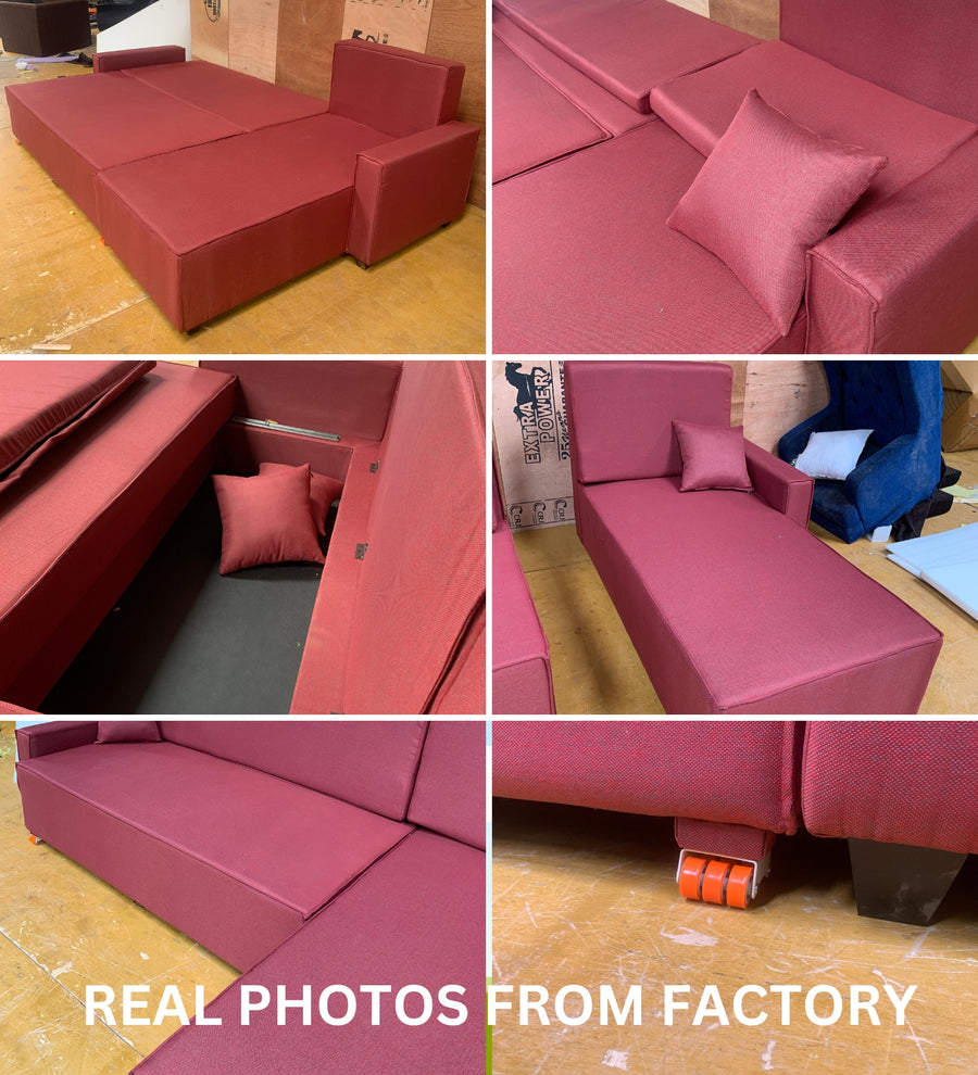 Peach Fabric Rhs 6 Seater Sofa Cum Bed With Storage In Blood Maroon Colour - Febonic Living