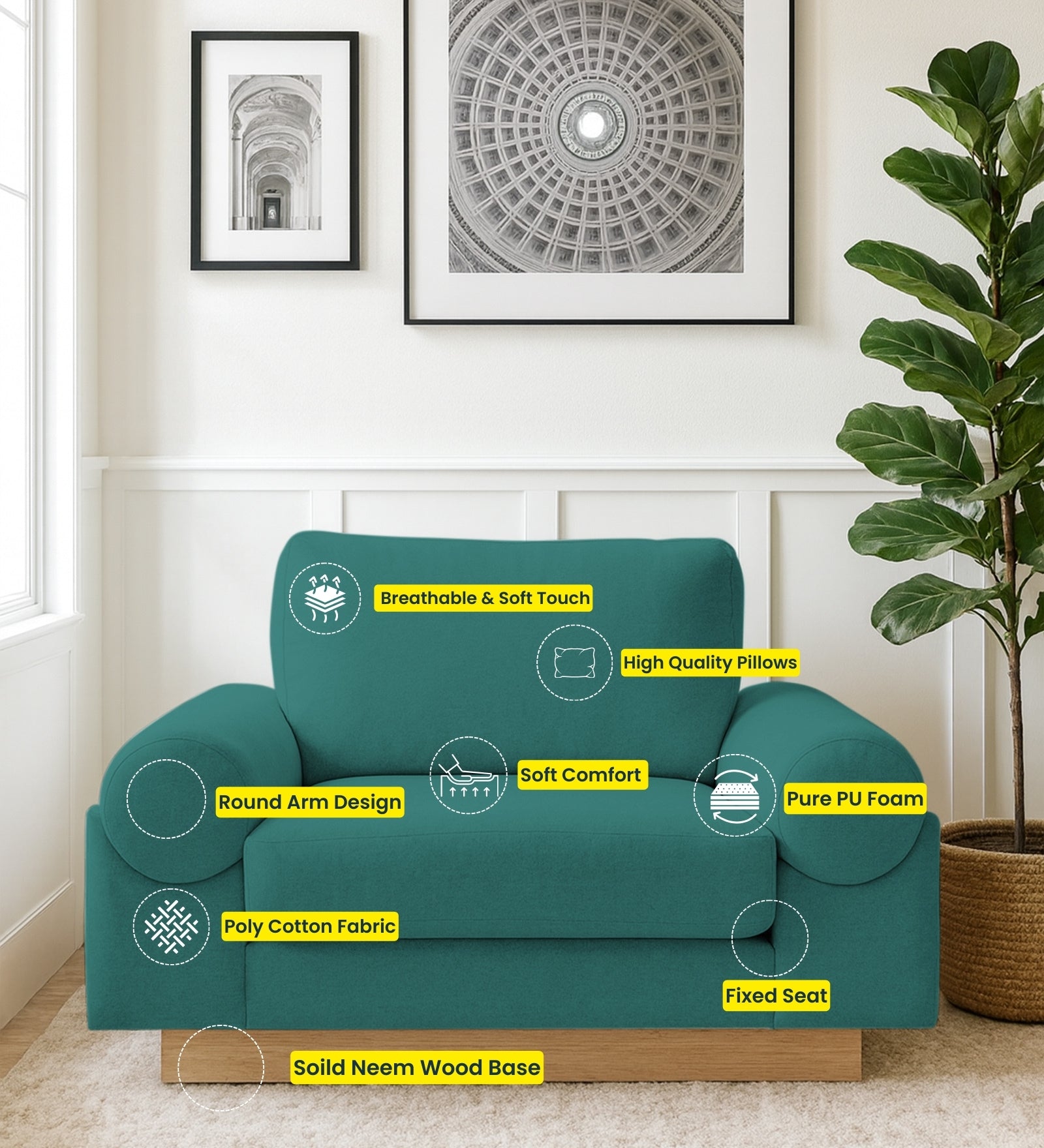 Yuma Fabric 1 Seater Sofa In Sea Green Colour