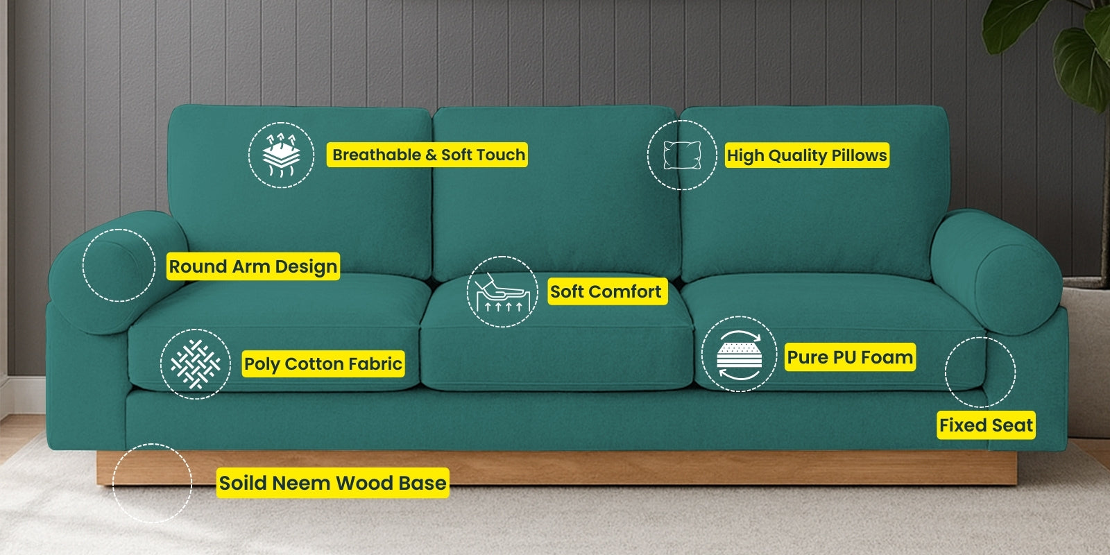 Yuma Fabric 3 Seater Sofa In Bold Yellow Colour