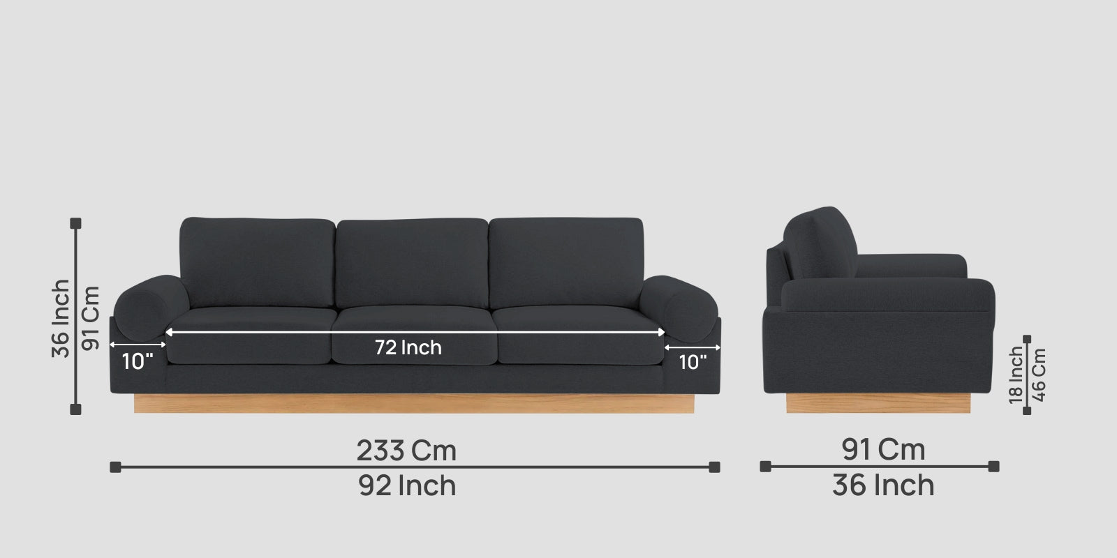 Yuma Fabric 3 Seater Sofa In Charcoal Grey Colour