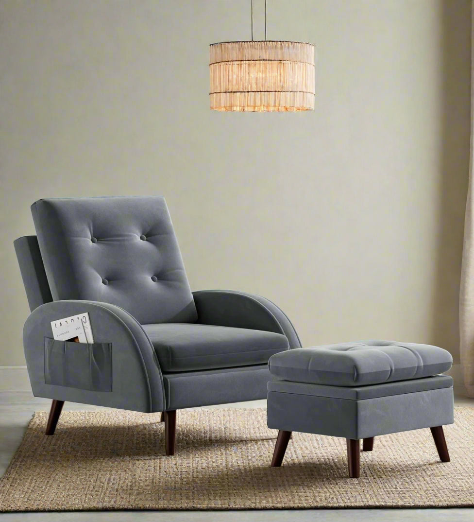 Yuvil Velvet Barrel Chair With Ottoman In Light Grey Colour