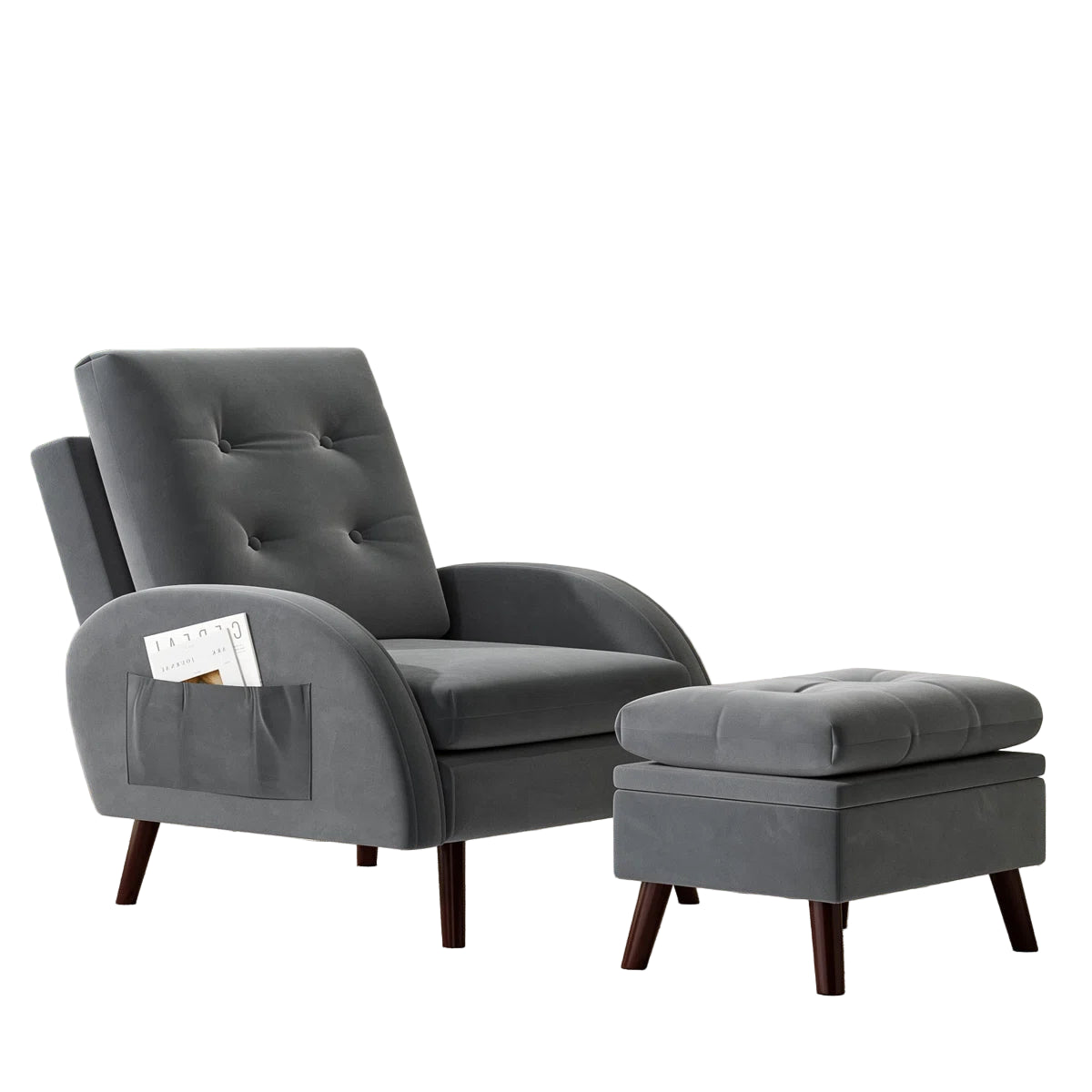 Yuvil Velvet Barrel Chair With Ottoman In Light Grey Colour
