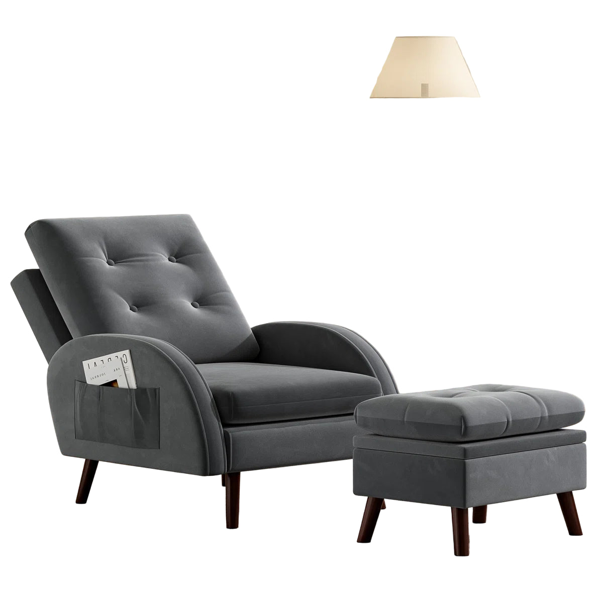 Yuvil Velvet Barrel Chair With Ottoman In Light Grey Colour