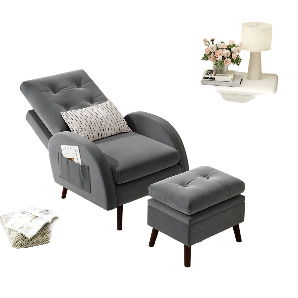 Yuvil Velvet Barrel Chair With Ottoman In Light Grey Colour