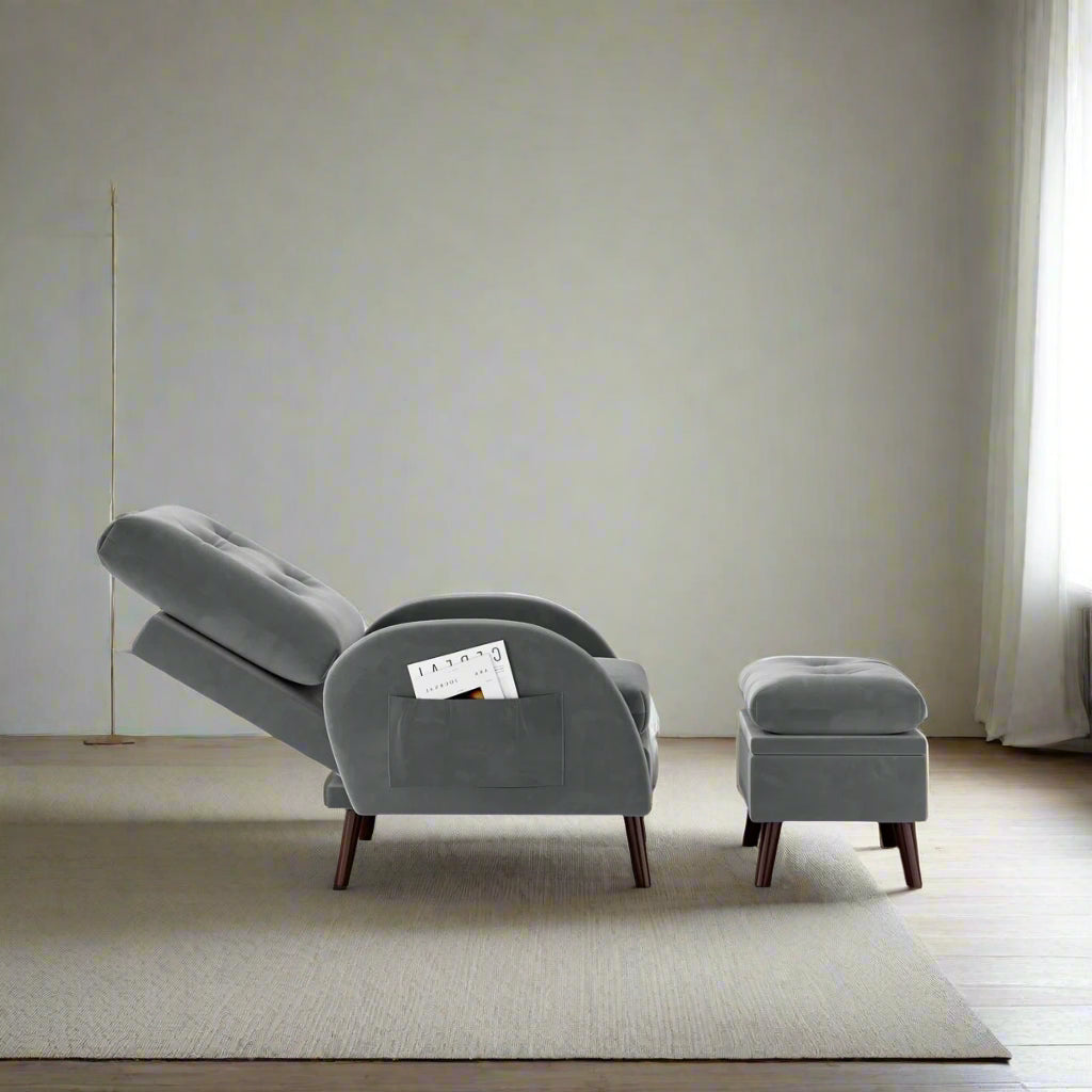 Yuvil Velvet Barrel Chair With Ottoman In Light Grey Colour