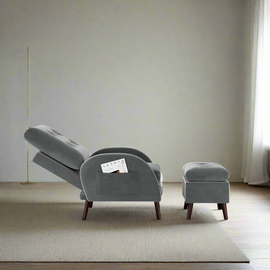 Yuvil Velvet Barrel Chair With Ottoman In Light Grey Colour - Febonic Living