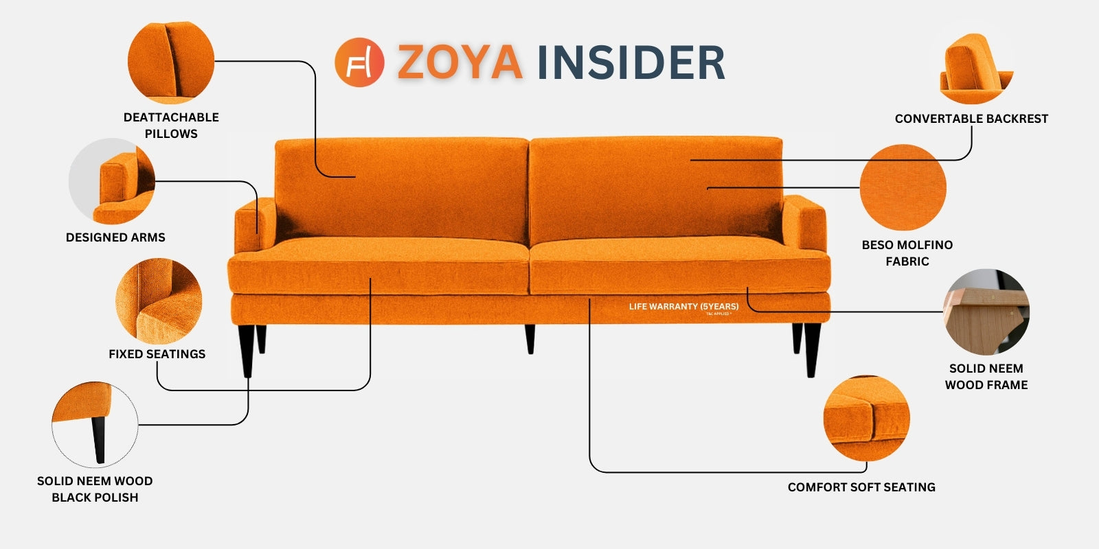 Zoya Fabric 3 Seater Convertable Sofa Cum Bed in Cara Brown Colour