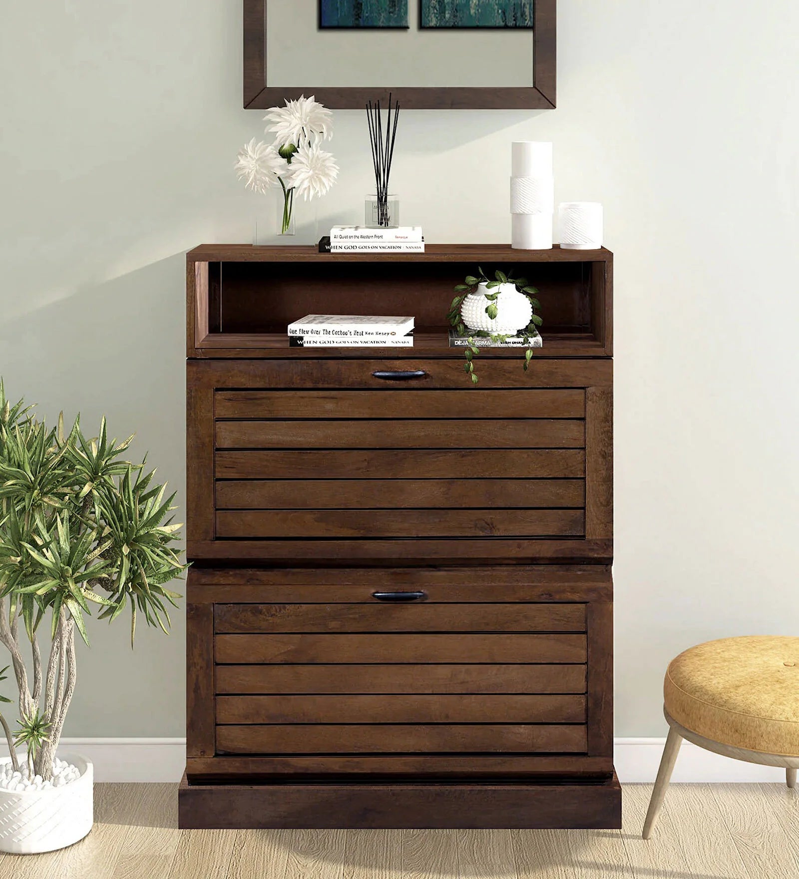 Osaka Solid Wood Tilt Out Shoe Rack In Provincial Teak Finish - Febonic Living
