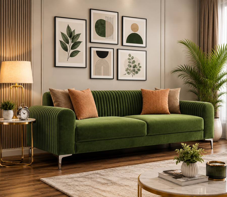 Zenith 3 Seater Velvet Fabric Sofa - Dark Olive Green - Front Image