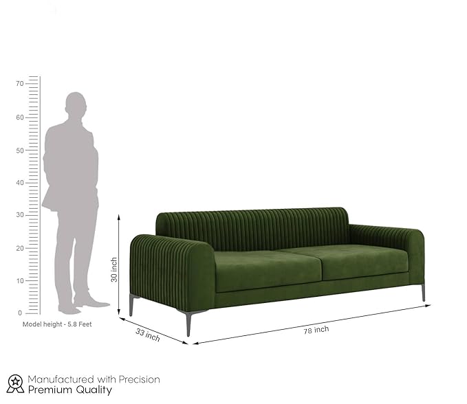 Zenith 3 Seater Velvet Fabric Sofa - Dark Olive Green - Dimension Image