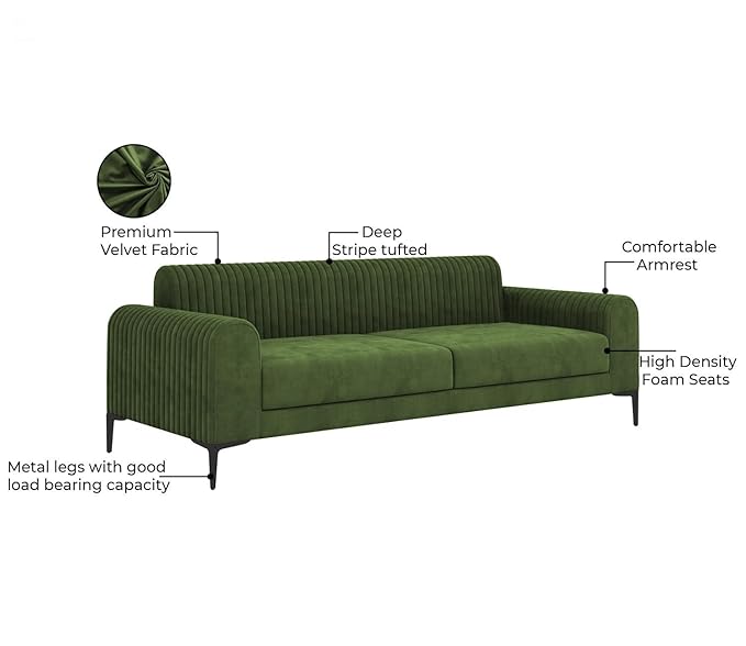 Zenith 3 Seater Velvet Fabric Sofa - Dark Olive Green - Product Fabric