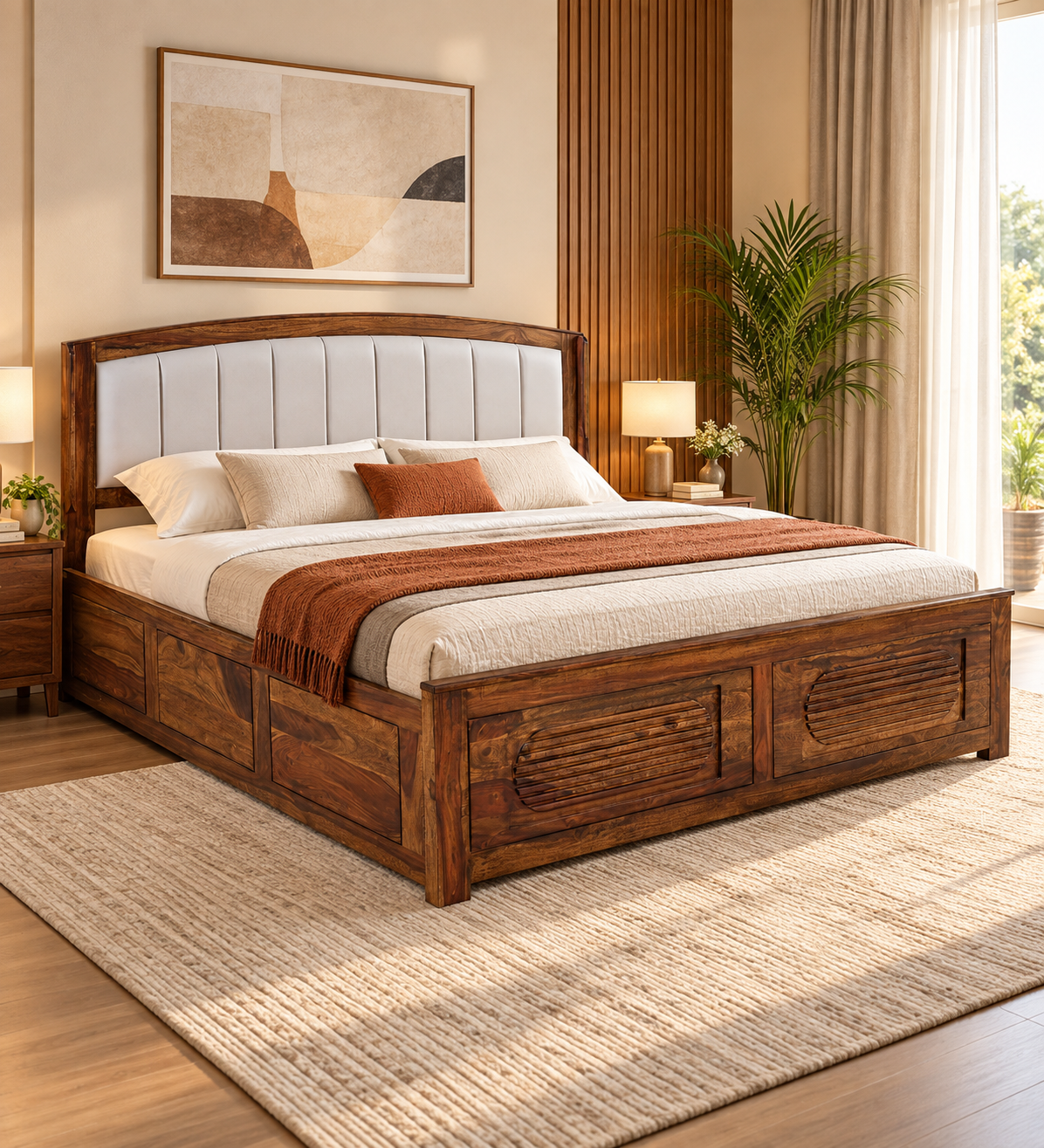 Zephyr Sheesham Wood King Size Bed In Provincial Teak Finish With Hydraulic Storage