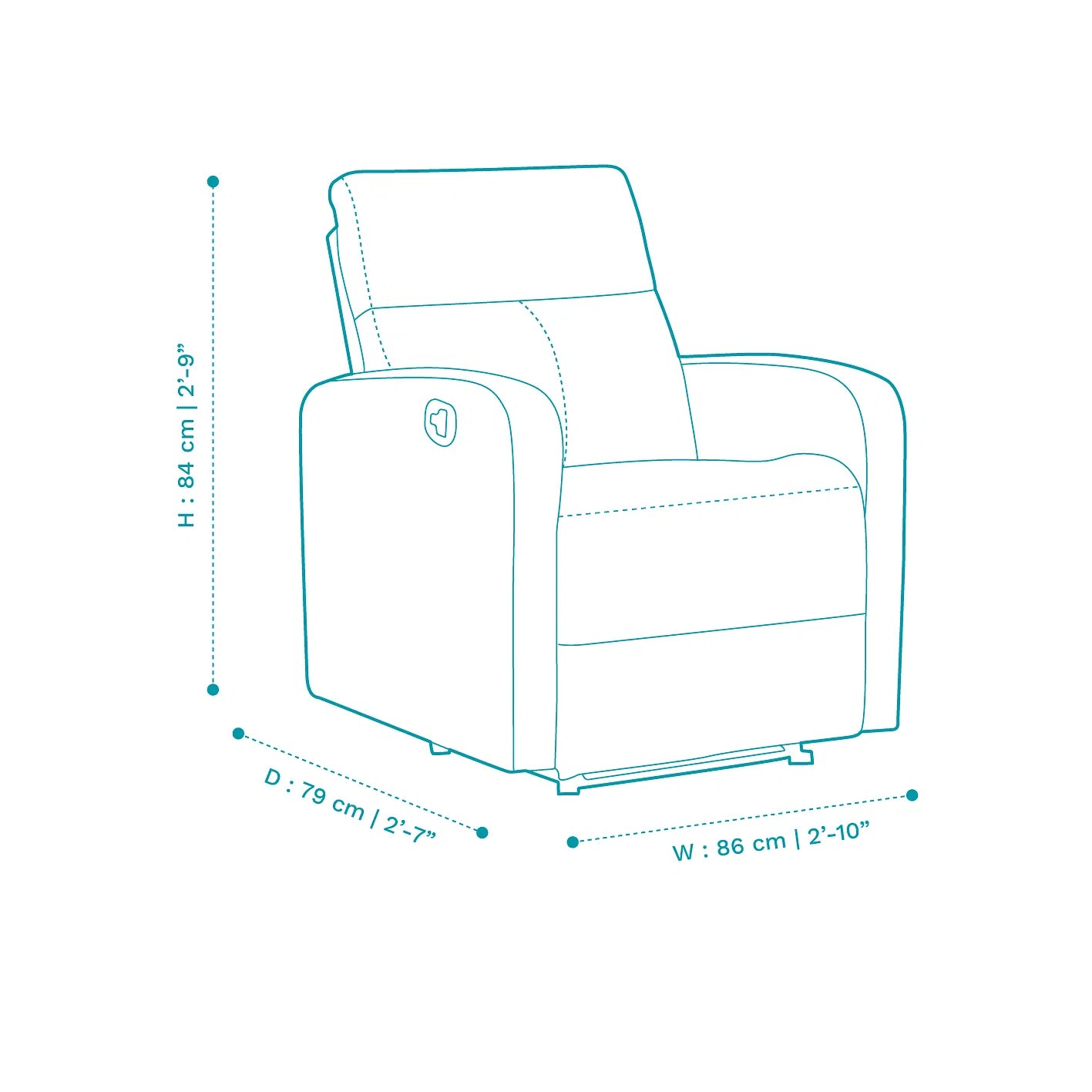 Zest 1 Seater Motorized Fabric Recliner In Concrete Grey Colour - Dimensions by Febonic Living