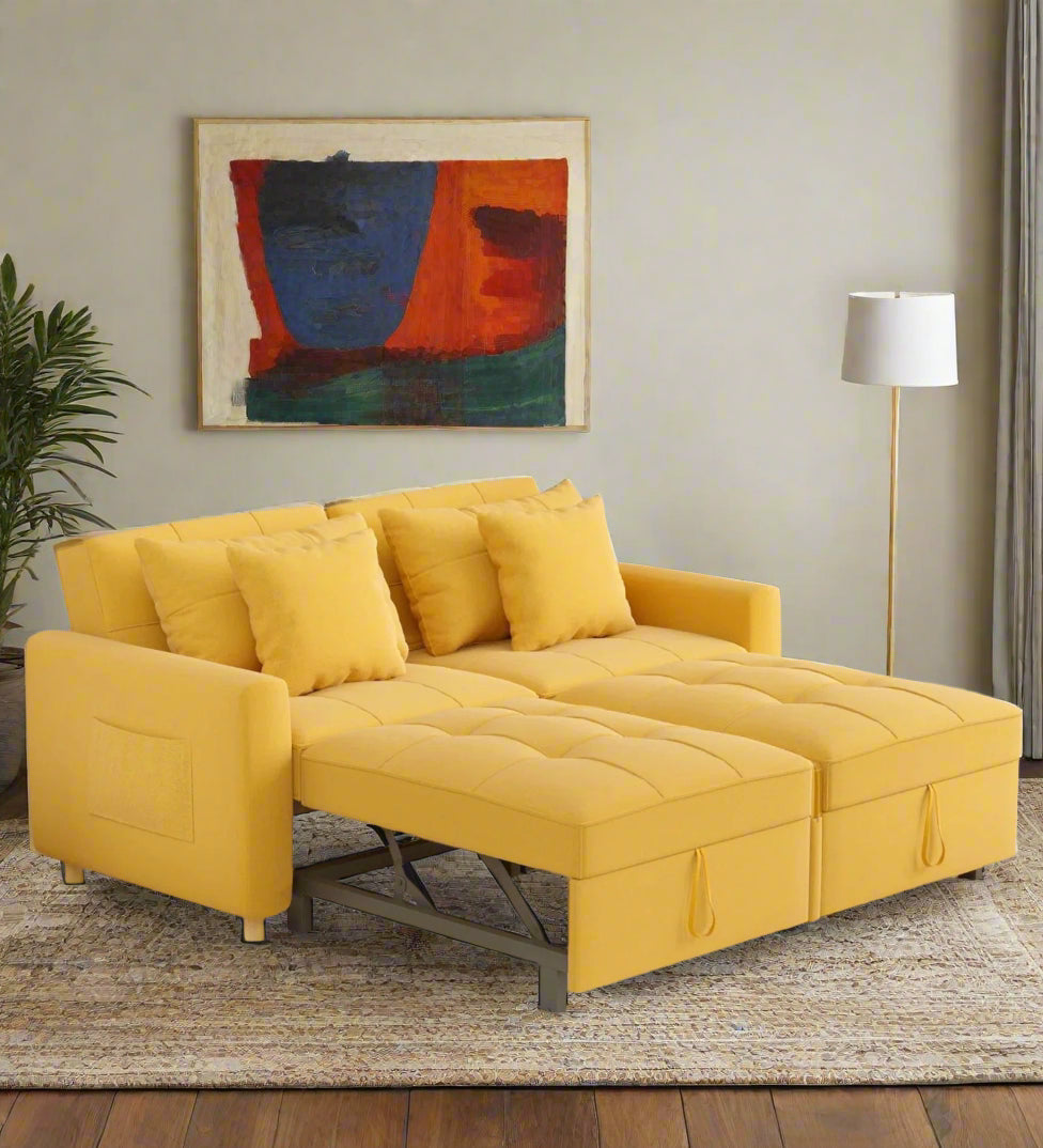 Zoric Fabric 2 Seater Pull Out Sofa Cum Bed In Bold Yellow Colour