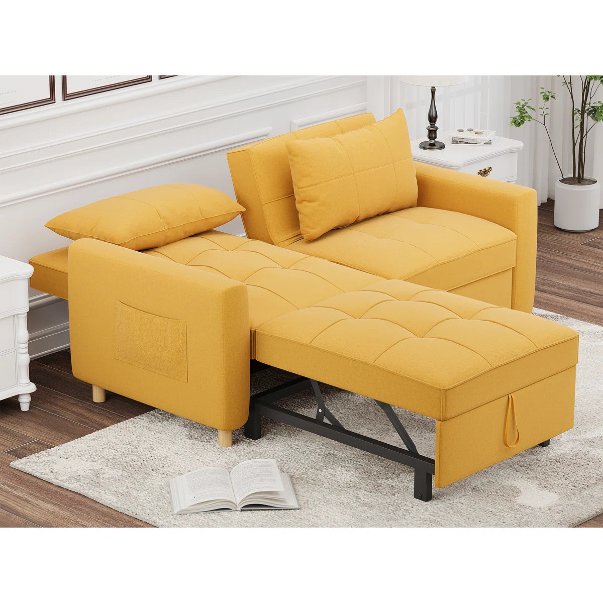 Zoric Fabric 2 Seater Pull Out Sofa Cum Bed In Bold Yellow Colour