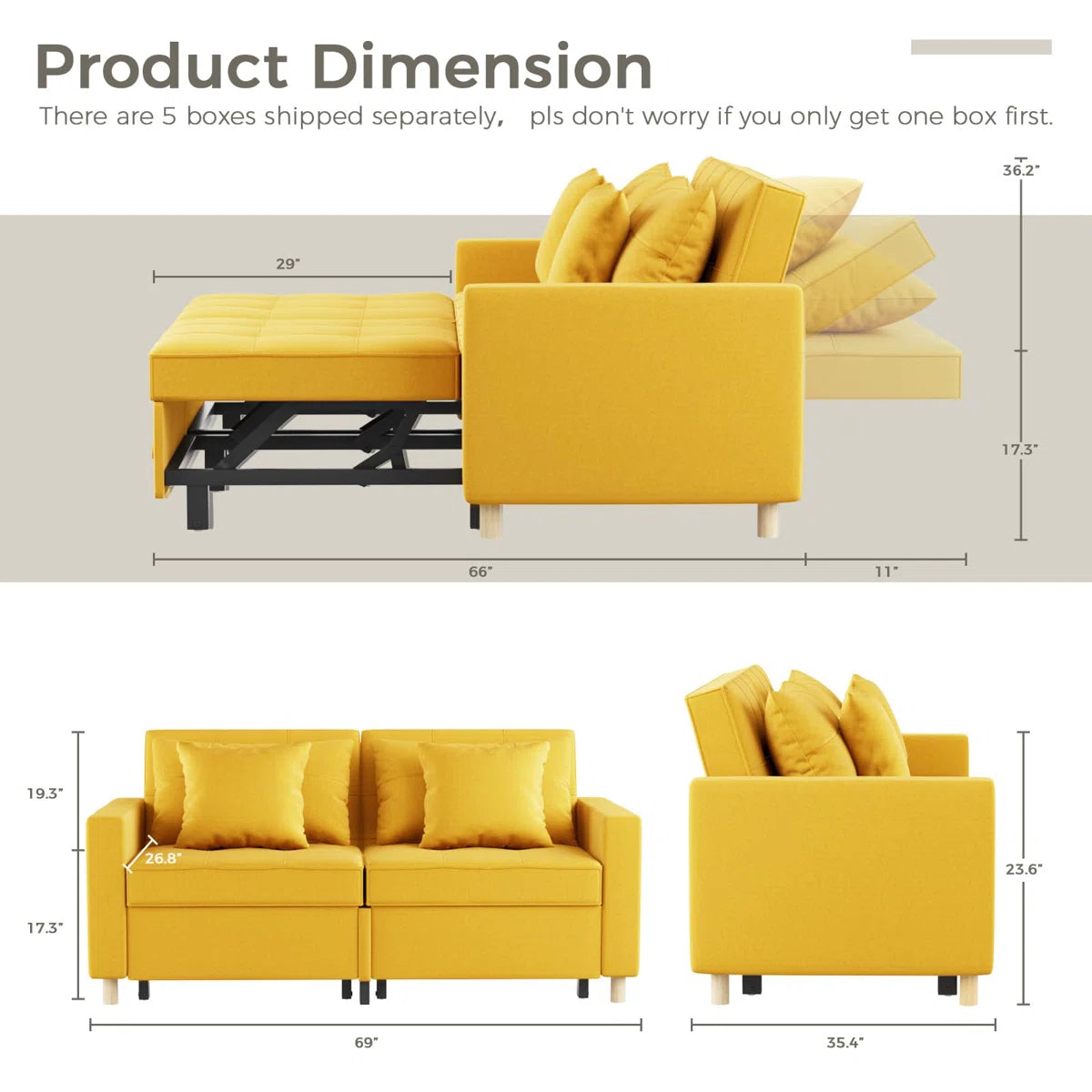 Zoric Fabric 2 Seater Pull Out Sofa Cum Bed In Bold Yellow Colour