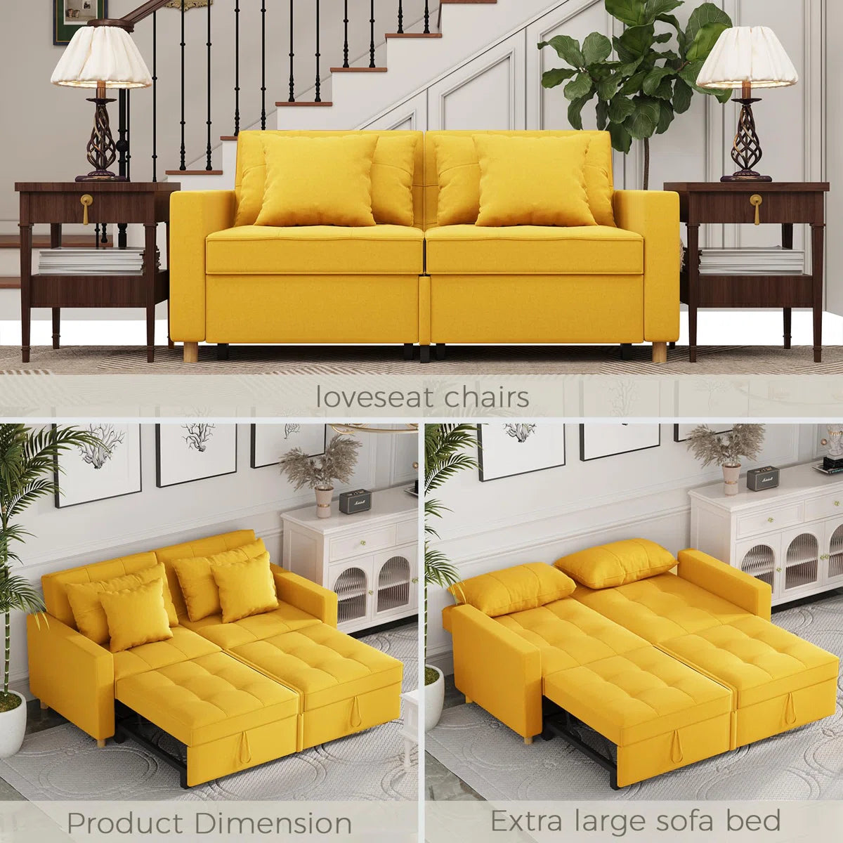 Zoric Fabric 2 Seater Pull Out Sofa Cum Bed In Bold Yellow Colour