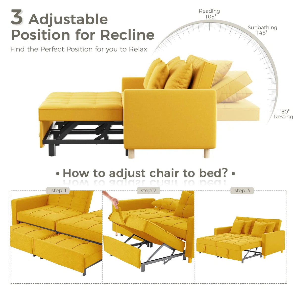 Zoric Fabric 2 Seater Pull Out Sofa Cum Bed In Bold Yellow Colour