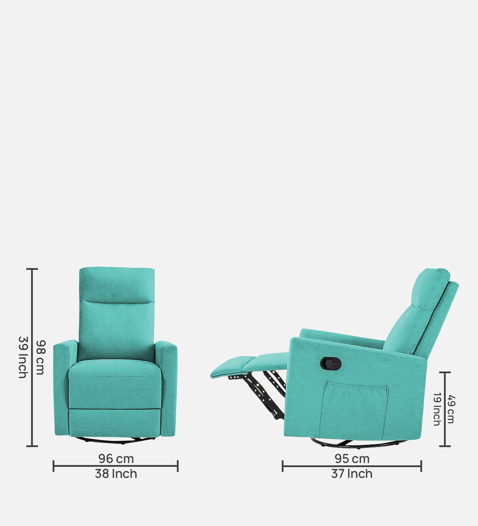 Zura 1 Seater Rotating Motorized Fabric Recliner - Aqua Blue - Dimensions by Febonic Living