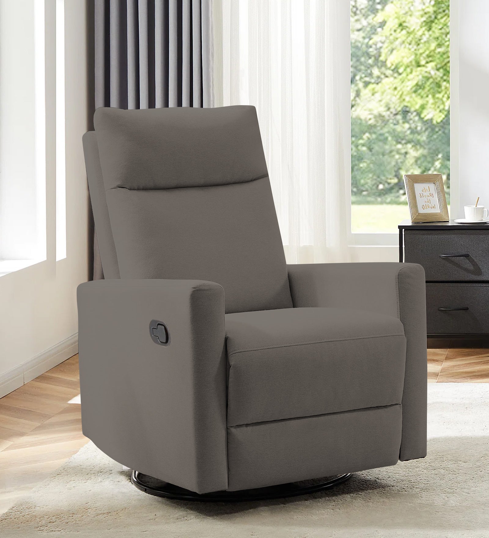 Zura 1 Seater Rotating Motorized Fabric Recliner - Battle Grey - Living View by Febonic Living