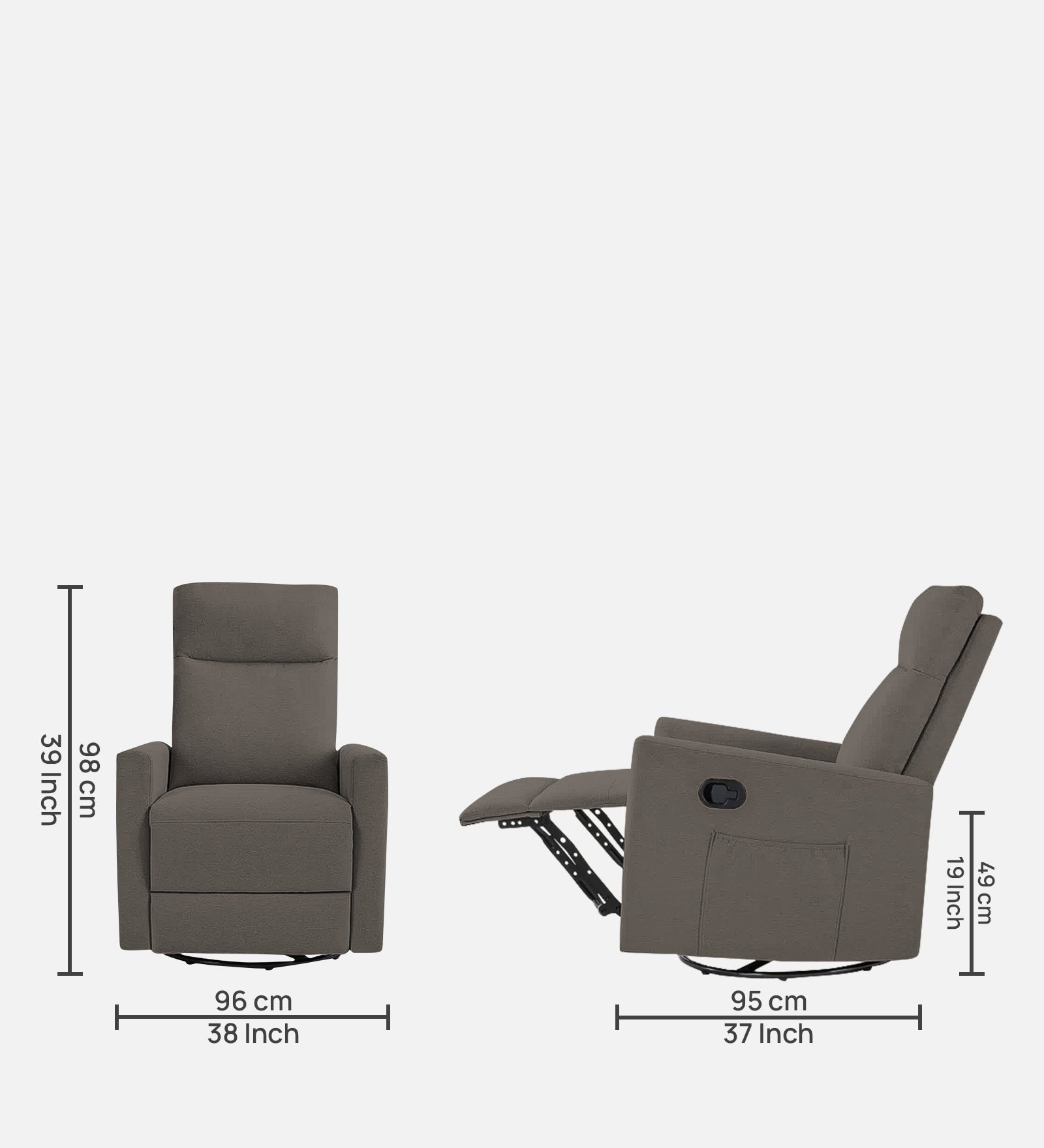 Zura 1 Seater Rotating Motorized Fabric Recliner - Battle Grey - Dimensions by Febonic Living
