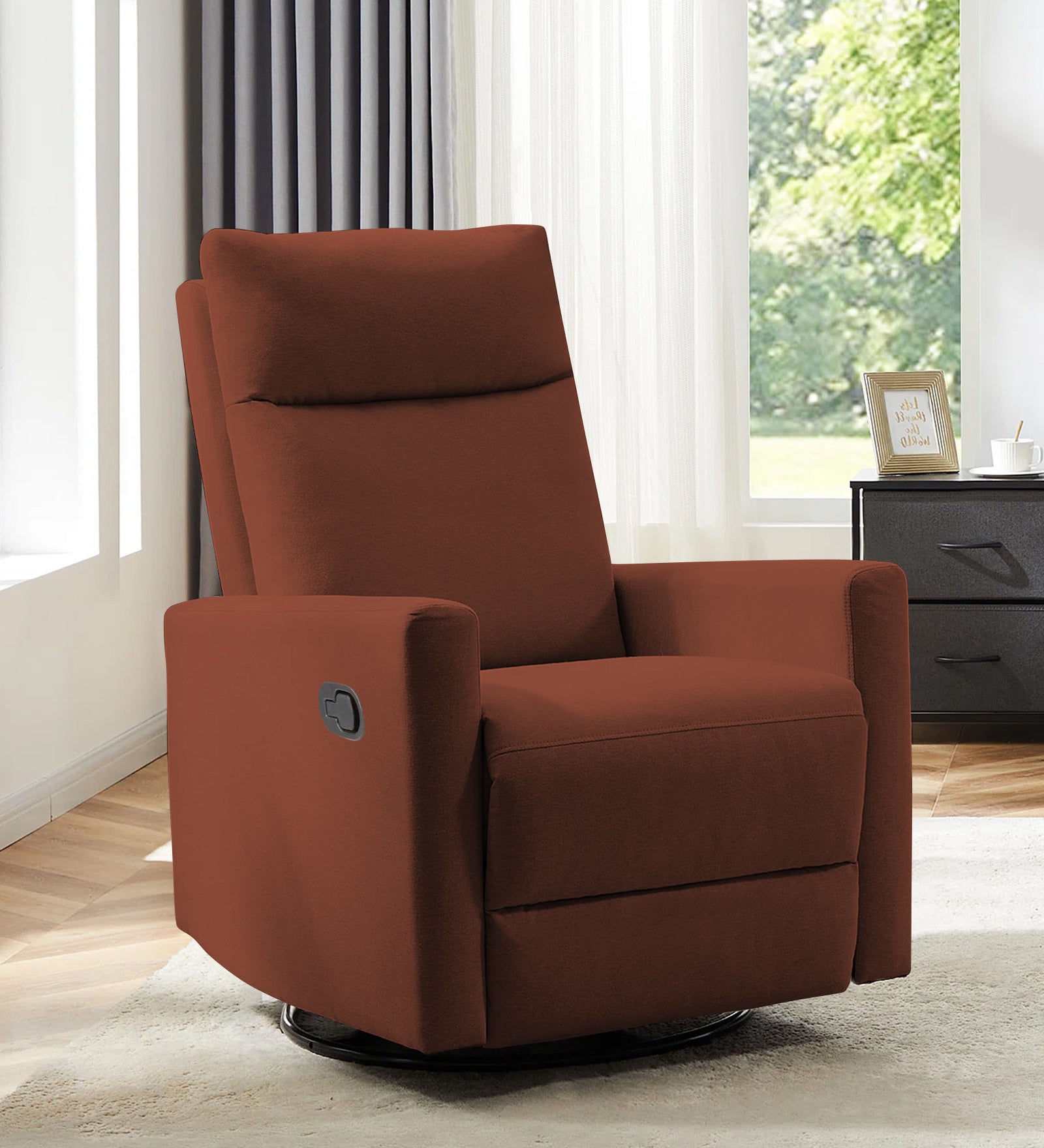 Zura 1 Seater Rotating Motorized Fabric Recliner - Coffee Brown - Living View by Febonic Living
