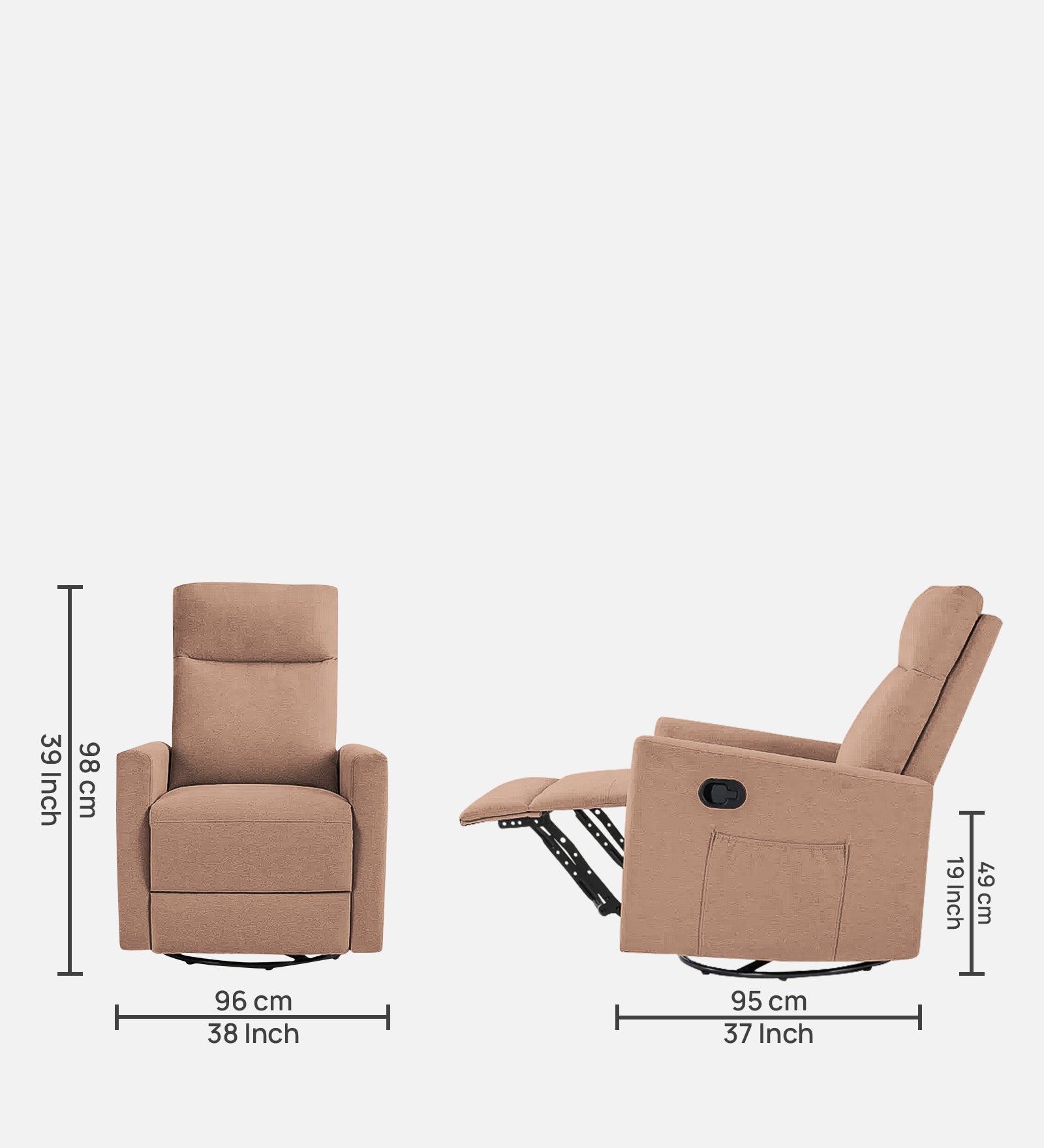 Zura 1 Seater Rotating Motorized Fabric Recliner - Cosmic Beige - Dimensions by Febonic Living