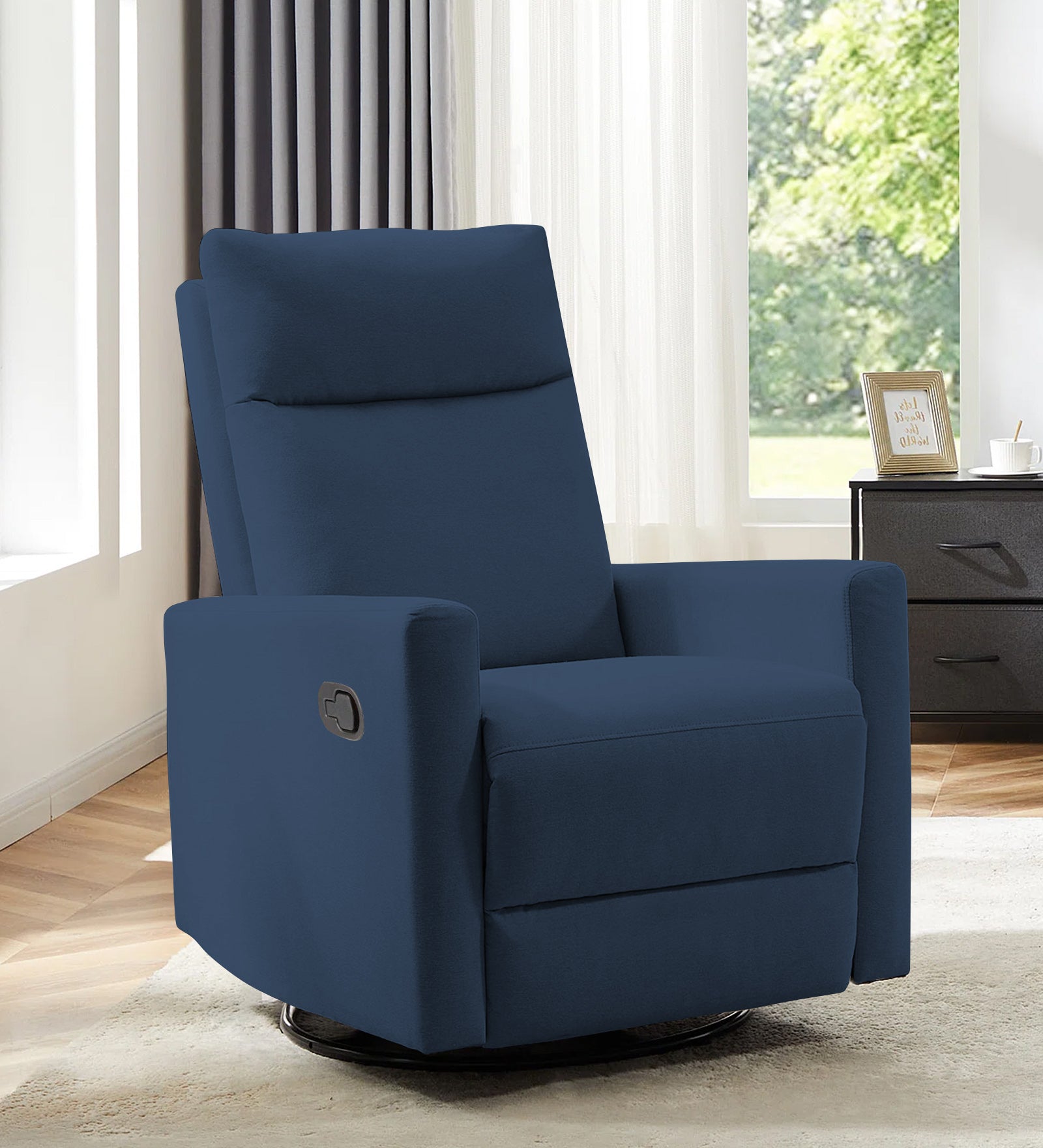 Zura 1 Seater Rotating Motorized Fabric Recliner - Denim Blue - Living View by Febonic Living