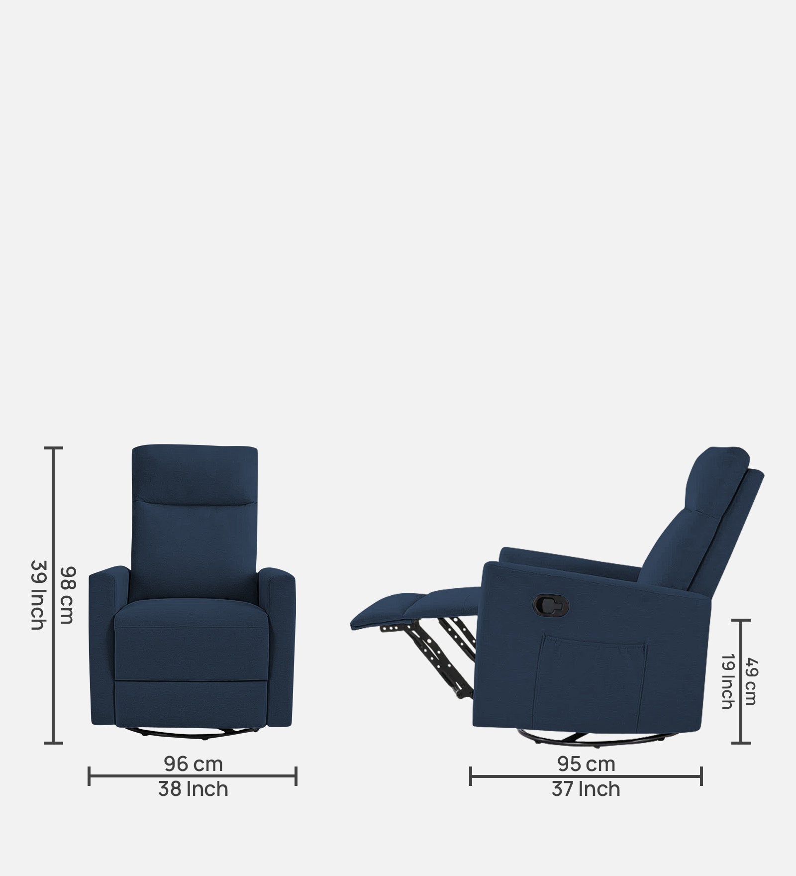 Zura 1 Seater Rotating Motorized Fabric Recliner - Denim Blue - Dimensions by Febonic Living