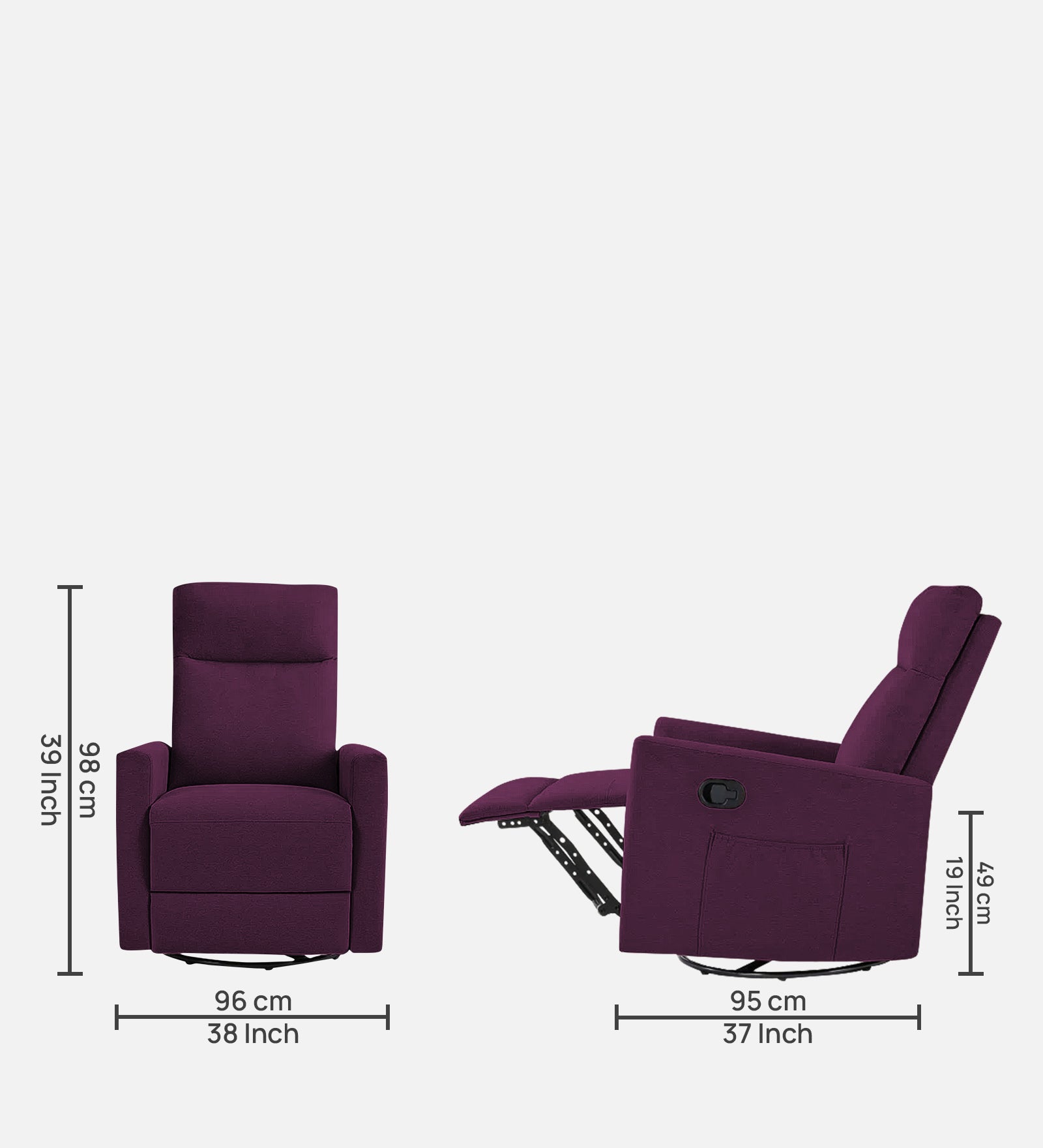 Zura 1 Seater Rotating Motorized Fabric Recliner - Greek Purple - Dimensions by Febonic Living