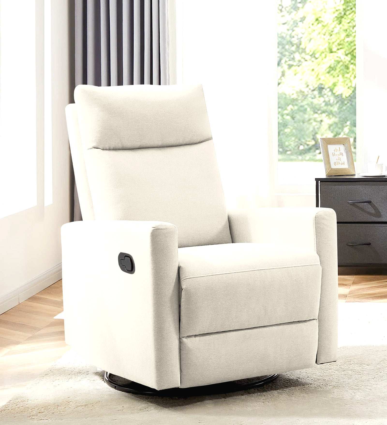 Zura 1 Seater Rotating Motorized Fabric Recliner - Ivory Cream - Living View by Febonic Living