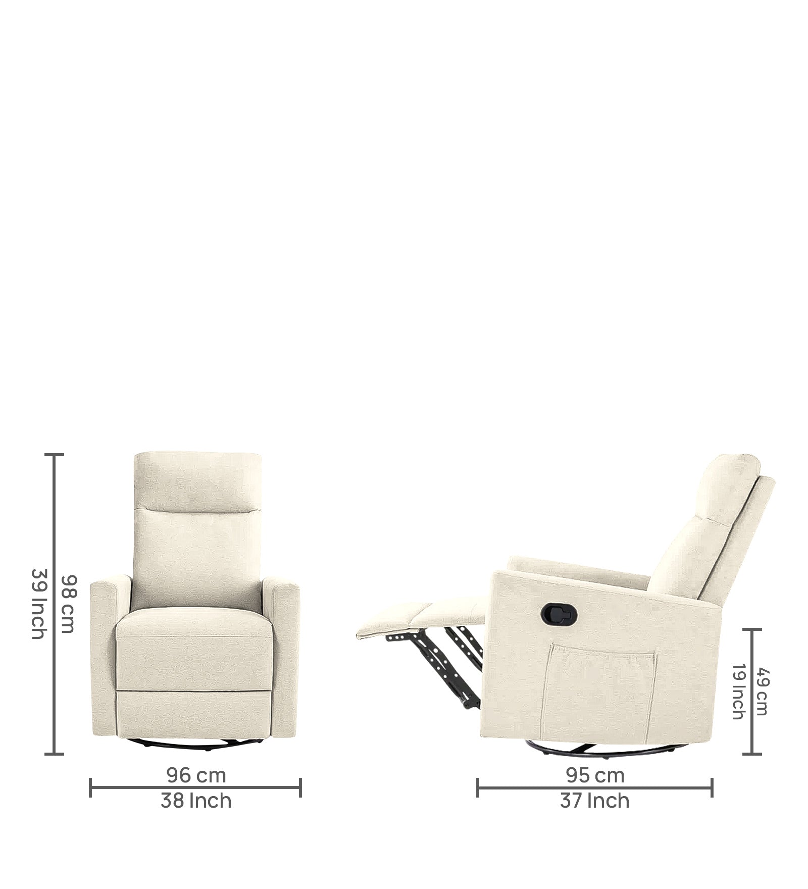 Zura 1 Seater Rotating Motorized Fabric Recliner - Ivory Cream - Dimensions by Febonic Living